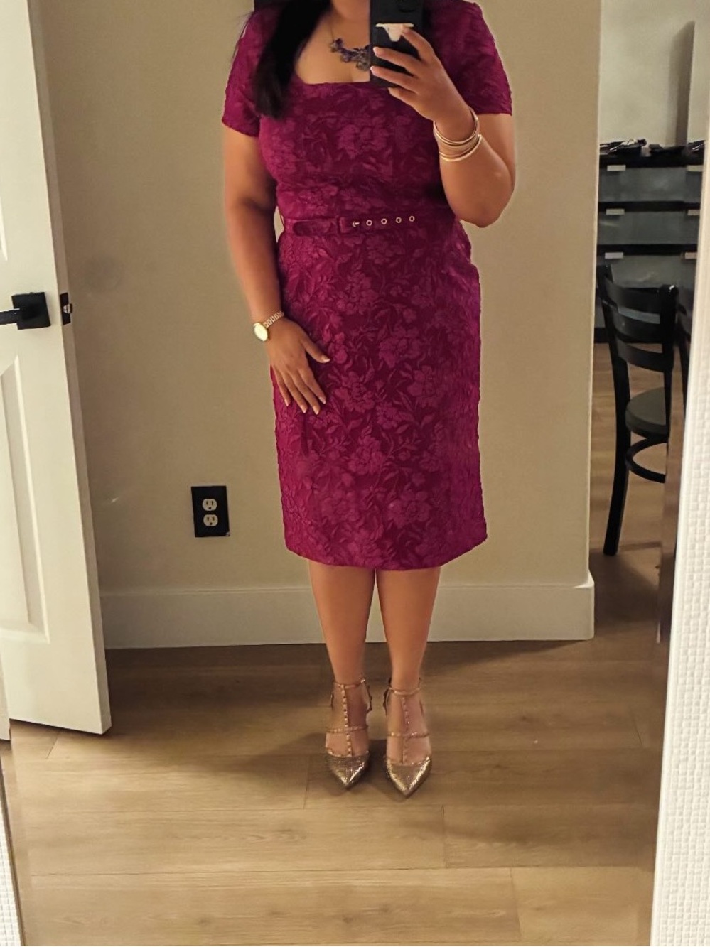 Tahari magenta Fitted Floral Sheath Dress Fuchsia belted cocktail - Picture 4 of 4